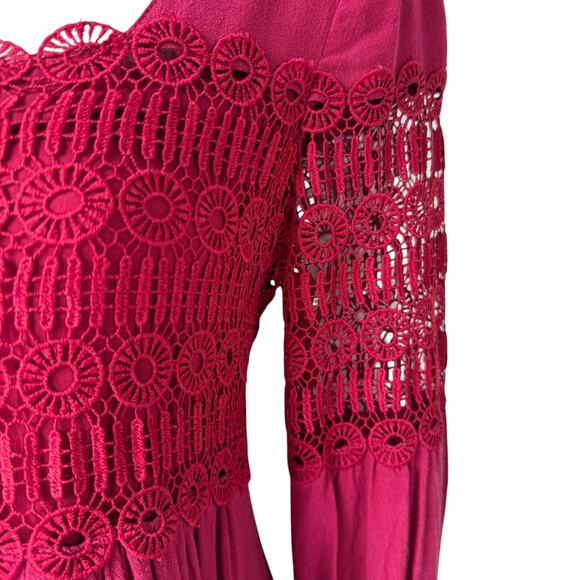 Anthropologie Whimsigoth Raspberry Red Crochet Lace Dress Sz 2 Lined Long Sleeve - Picture 11 of 16